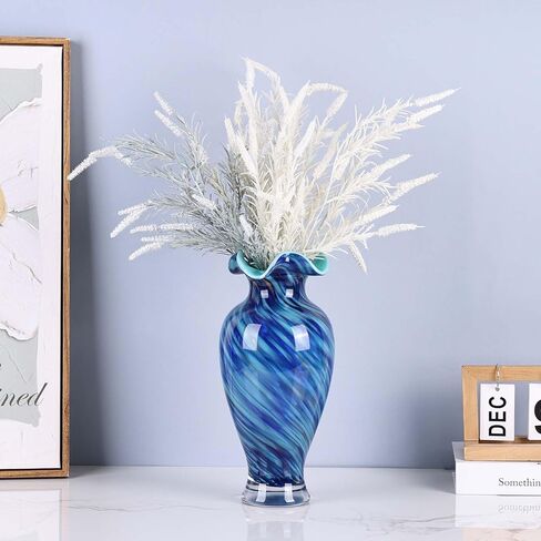 12.2H Murano Hand Blown Glass Vase, Ruffled Scalloped Rim Wide Mouth Colorful Decorative Flower Vase, Large Glass Centerpiece for Living Room, Bathroom, Office, Bookshelf, Entryway,Mantel Decor(Blue) in Saudi Arabia