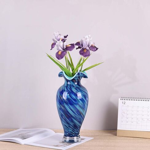 12.2H Murano Hand Blown Glass Vase, Ruffled Scalloped Rim Wide Mouth Colorful Decorative Flower Vase, Large Glass Centerpiece for Living Room, Bathroom, Office, Bookshelf, Entryway,Mantel Decor(Blue) in Saudi Arabia