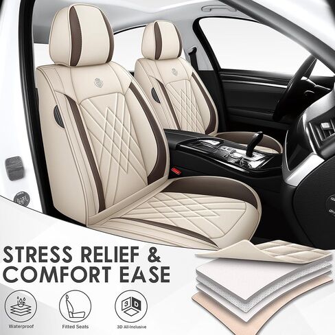 أغطية مقاعد السيارة لسيارة MINI Countryman 2013-2026، مجموعة مكونة من 5 قطع من واقيات المقاعد المصنوعة من جلد نابا غير قابلة للانزلاق، مجموعة أغطية مقاعد قابلة للتنفس. (قياسي 5 مقاعد، بيج) in Kuwait