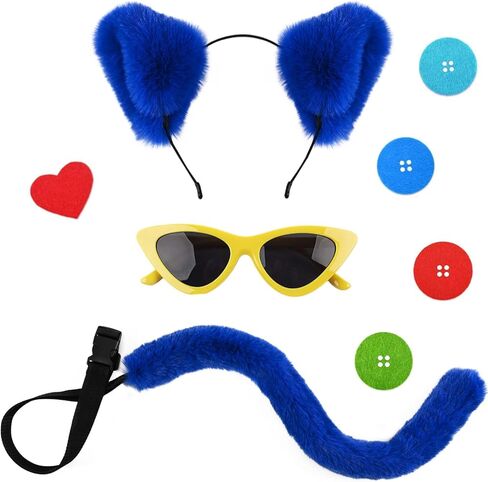 4 قطع زي القطة الزرقاء تشمل عصابة رأس القطة وذيل الفراء وملصق ونظارات شمسية للرجال والنساء لحفلات الهالوين in Kuwait