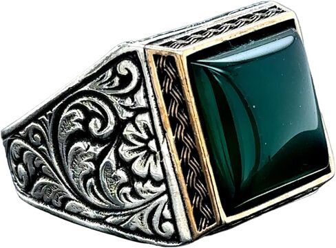 Square Green Agate Men Ring, Green Aqeeq Ring, Ottoman Style Ring, Engraved Silver Ring, Gemstone Signet Ring, Father Day Gift, 925k Silver in Kuwait