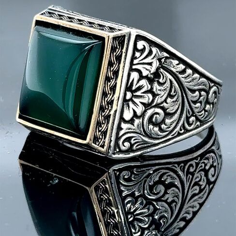 Square Green Agate Men Ring, Green Aqeeq Ring, Ottoman Style Ring, Engraved Silver Ring, Gemstone Signet Ring, Father Day Gift, 925k Silver in Kuwait