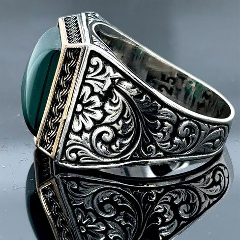 Square Green Agate Men Ring, Green Aqeeq Ring, Ottoman Style Ring, Engraved Silver Ring, Gemstone Signet Ring, Father Day Gift, 925k Silver in Kuwait