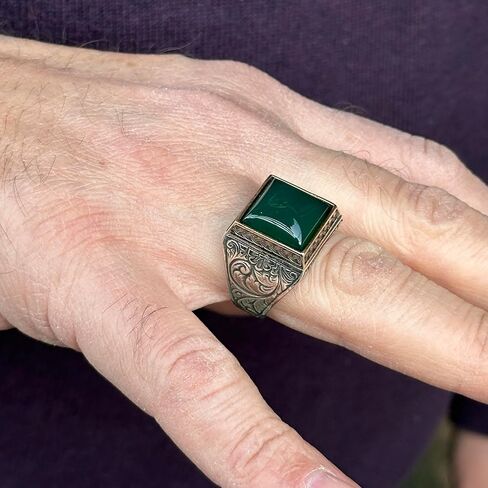 Square Green Agate Men Ring, Green Aqeeq Ring, Ottoman Style Ring, Engraved Silver Ring, Gemstone Signet Ring, Father Day Gift, 925k Silver in Kuwait