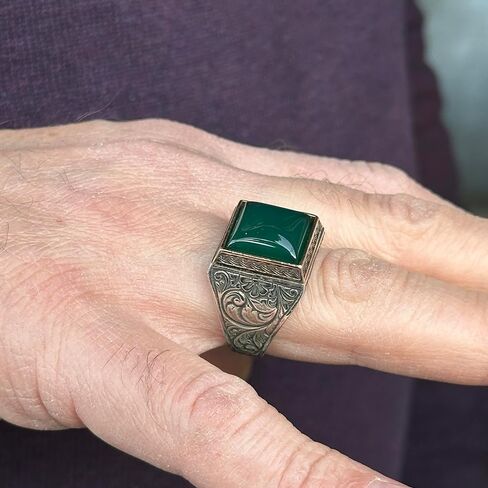 Square Green Agate Men Ring, Green Aqeeq Ring, Ottoman Style Ring, Engraved Silver Ring, Gemstone Signet Ring, Father Day Gift, 925k Silver in Kuwait