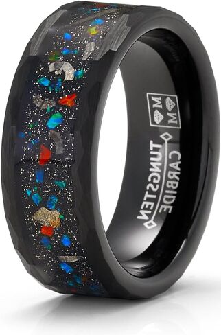 Metal Masters CO. Tungsten Carbide Mens Ring Wedding Band Black Cluster of Stars Meteorite Inlay 8MM Comfort-Fit Black in Kuwait