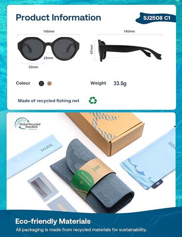 SOJOS Ocean Collection Round Sunglasses Recycled Fishing Net Frame Eco-Friendly UV400 Polarized Lenses, Indian Ocean in Saudi Arabia