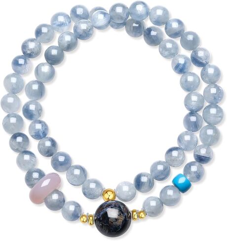 Healing Blue Gemstones Beaded Bracelets 925 Silver Bracelet Jasper Bead Pink Agate Round Ring Stretch Bracelet Dainty Jewelry for Women Mom Birthday Anniversary 13.4"/34cm J1922127 in Kuwait