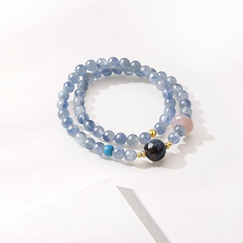 Healing Blue Gemstones Beaded Bracelets 925 Silver Bracelet Jasper Bead Pink Agate Round Ring Stretch Bracelet Dainty Jewelry for Women Mom Birthday Anniversary 13.4"/34cm J1922127 in Kuwait