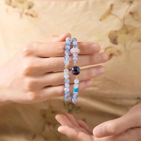 Healing Blue Gemstones Beaded Bracelets 925 Silver Bracelet Jasper Bead Pink Agate Round Ring Stretch Bracelet Dainty Jewelry for Women Mom Birthday Anniversary 13.4"/34cm J1922127 in Kuwait