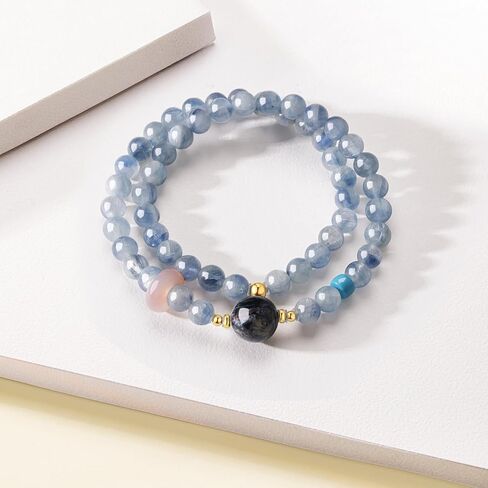 Healing Blue Gemstones Beaded Bracelets 925 Silver Bracelet Jasper Bead Pink Agate Round Ring Stretch Bracelet Dainty Jewelry for Women Mom Birthday Anniversary 13.4"/34cm J1922127 in Kuwait