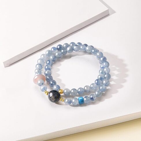 Healing Blue Gemstones Beaded Bracelets 925 Silver Bracelet Jasper Bead Pink Agate Round Ring Stretch Bracelet Dainty Jewelry for Women Mom Birthday Anniversary 13.4"/34cm J1922127 in Kuwait
