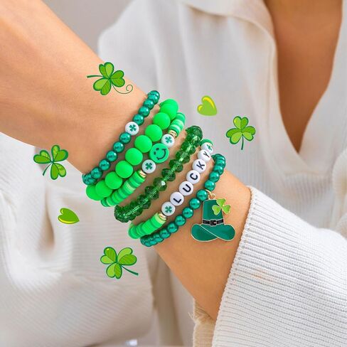 MOSOTECH أساور عيد القديس باتريك للنساء والرجال، سوار لاكي ليف شامروك سحر قابل للتكديس، سوار عطلة أيرلندي مطرز باللون الأخضر البرسيم، إكسسوارات يوم القديس باتريك ملابس هدايا مجوهرات in Kuwait