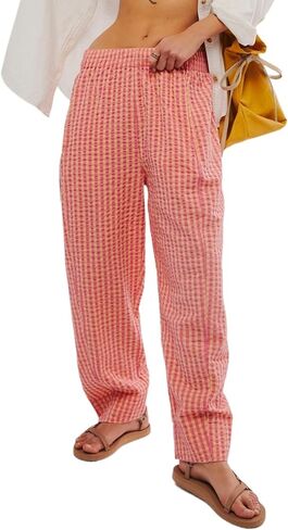 Gingham Pants for Women - Loose Fit Lightweight Elastic Waist Pants with Pockets – Casual Womens Trousers in Saudi Arabia