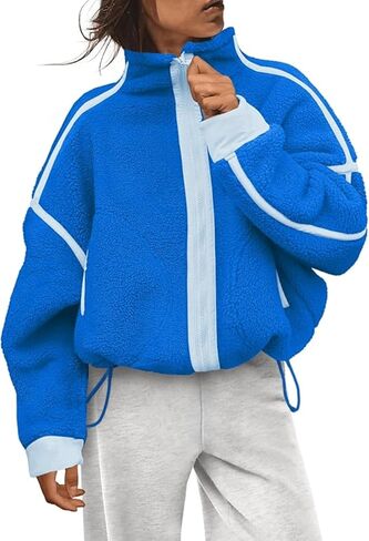 سترة صوف شيربا غامضة للنساء من SKIKYAN بسحاب كامل، معاطف ملابس خارجية دافئة كبيرة الحجم وناعمة مع جيوب in Kuwait