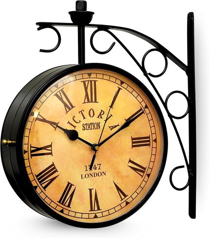 11-Inch Vintage Double-Sided Wall Clock – Classic Railway Station Style, 1747 London Roman Numeral Design, Retro Metal Frame for Indoor & Outdoor Home Décor in Saudi Arabia