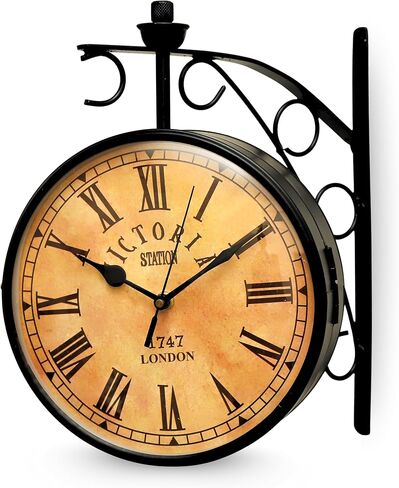 11-Inch Vintage Double-Sided Wall Clock – Classic Railway Station Style, 1747 London Roman Numeral Design, Retro Metal Frame for Indoor & Outdoor Home Décor in Saudi Arabia