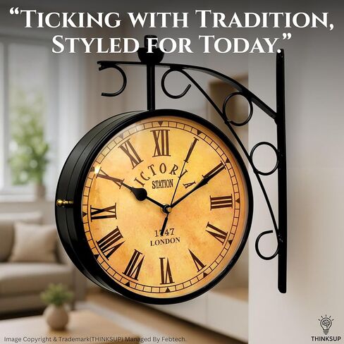 11-Inch Vintage Double-Sided Wall Clock – Classic Railway Station Style, 1747 London Roman Numeral Design, Retro Metal Frame for Indoor & Outdoor Home Décor in Saudi Arabia
