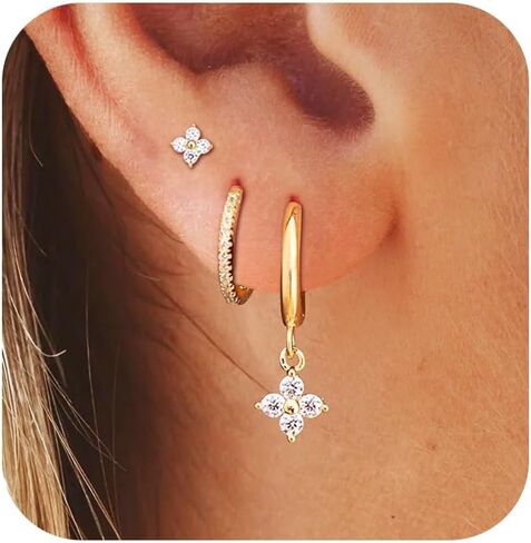 3 Pairs Gold Hoop Earrings Set for Women Dainty Stud Earrings Trendy Dangle Cartilage Huggie Hoop Earrings Stacks for Multiple Piercing Gold Jewelry for Women Gifts in Kuwait