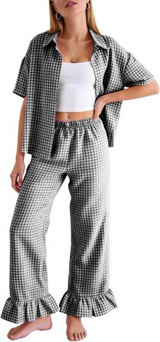Flygo Womens Plaid Pajama Sets 2 Piece Gingham Cotton Pjs Loungewear Cute Button Down Shirts Trendy Ruffle Y2K Pants Sets in Saudi Arabia