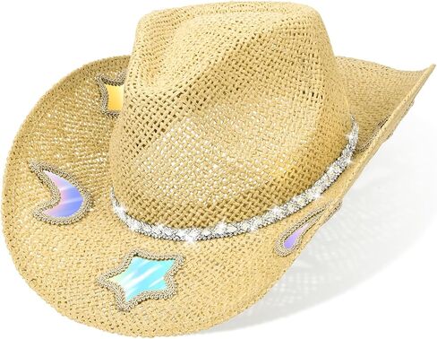 Cowboy Hat,Cowgirl Hat,Cowboy Hats for Women,Straw Western Cowgirl Hats with Star and Moon Reflective Patches Yellow in Kuwait
