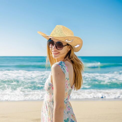 Cowboy Hat,Cowgirl Hat,Cowboy Hats for Women,Straw Western Cowgirl Hats with Star and Moon Reflective Patches Yellow in Kuwait