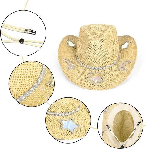 Cowboy Hat,Cowgirl Hat,Cowboy Hats for Women,Straw Western Cowgirl Hats with Star and Moon Reflective Patches Yellow in Kuwait