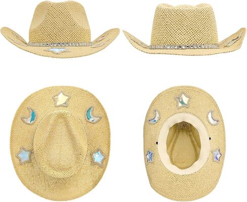 Cowboy Hat,Cowgirl Hat,Cowboy Hats for Women,Straw Western Cowgirl Hats with Star and Moon Reflective Patches Yellow in Kuwait