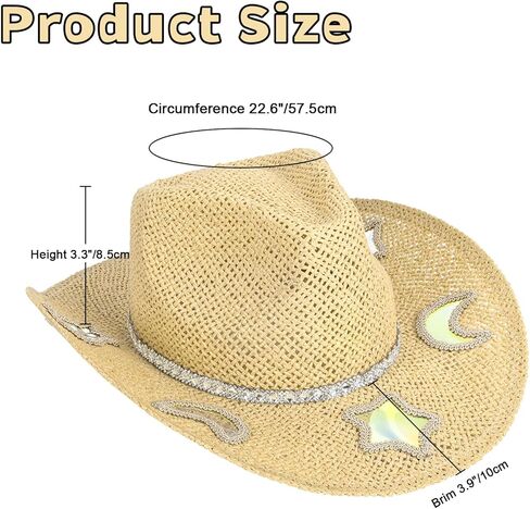 Cowboy Hat,Cowgirl Hat,Cowboy Hats for Women,Straw Western Cowgirl Hats with Star and Moon Reflective Patches Yellow in Kuwait