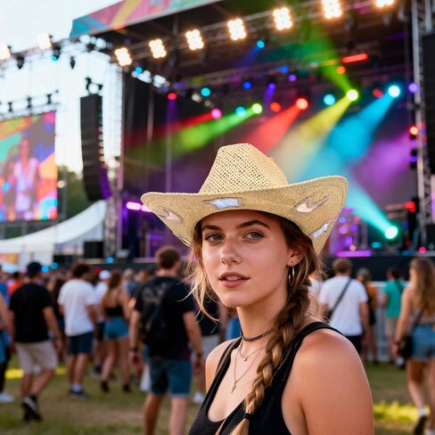 Cowboy Hat,Cowgirl Hat,Cowboy Hats for Women,Straw Western Cowgirl Hats with Star and Moon Reflective Patches Yellow in Kuwait