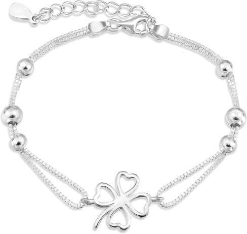 AeraVida Lucky Love Heart Clover Charm on .925 Sterling Silver Box Chain Bracelet | Silver Charm Bracelets for Women | Sterling Silver Four-Leaf Clovers Bracelet | Bracelet Jewelry Gifts in Saudi Arabia