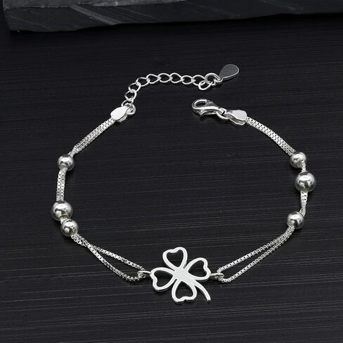 AeraVida Lucky Love Heart Clover Charm on .925 Sterling Silver Box Chain Bracelet | Silver Charm Bracelets for Women | Sterling Silver Four-Leaf Clovers Bracelet | Bracelet Jewelry Gifts in Saudi Arabia