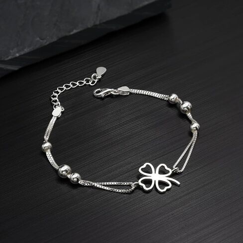 AeraVida Lucky Love Heart Clover Charm on .925 Sterling Silver Box Chain Bracelet | Silver Charm Bracelets for Women | Sterling Silver Four-Leaf Clovers Bracelet | Bracelet Jewelry Gifts in Saudi Arabia
