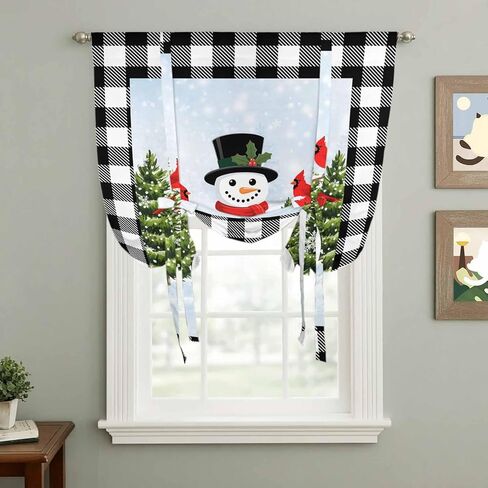 Christmas Snowman Tie Up Curtains for Window, Winter Cardinal Xmas Tree Black Plaid Thermal Insulated Balloon Shade Adjustable Rod Pocket Curtains Valance Panels for Kitchen Bathroom Café 46'' x 63'' in Saudi Arabia