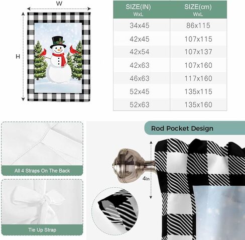 Christmas Snowman Tie Up Curtains for Window, Winter Cardinal Xmas Tree Black Plaid Thermal Insulated Balloon Shade Adjustable Rod Pocket Curtains Valance Panels for Kitchen Bathroom Café 46'' x 63'' in Saudi Arabia