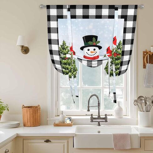 Christmas Snowman Tie Up Curtains for Window, Winter Cardinal Xmas Tree Black Plaid Thermal Insulated Balloon Shade Adjustable Rod Pocket Curtains Valance Panels for Kitchen Bathroom Café 46'' x 63'' in Saudi Arabia