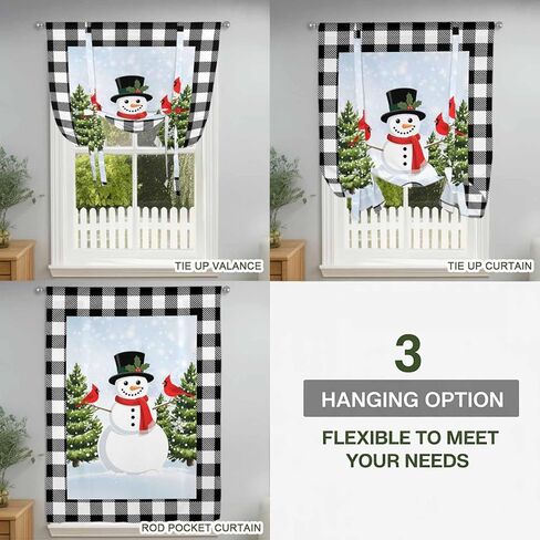 Christmas Snowman Tie Up Curtains for Window, Winter Cardinal Xmas Tree Black Plaid Thermal Insulated Balloon Shade Adjustable Rod Pocket Curtains Valance Panels for Kitchen Bathroom Café 46'' x 63'' in Saudi Arabia