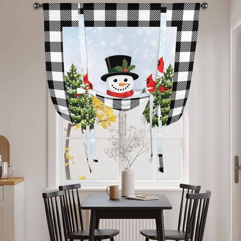 Christmas Snowman Tie Up Curtains for Window, Winter Cardinal Xmas Tree Black Plaid Thermal Insulated Balloon Shade Adjustable Rod Pocket Curtains Valance Panels for Kitchen Bathroom Café 46'' x 63'' in Saudi Arabia