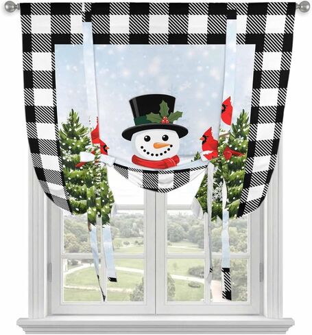 Christmas Snowman Tie Up Curtains for Window, Winter Cardinal Xmas Tree Black Plaid Thermal Insulated Balloon Shade Adjustable Rod Pocket Curtains Valance Panels for Kitchen Bathroom Café 46'' x 63'' in Saudi Arabia