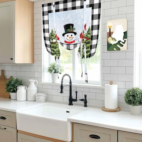 Christmas Snowman Tie Up Curtains for Window, Winter Cardinal Xmas Tree Black Plaid Thermal Insulated Balloon Shade Adjustable Rod Pocket Curtains Valance Panels for Kitchen Bathroom Café 46'' x 63'' in Saudi Arabia