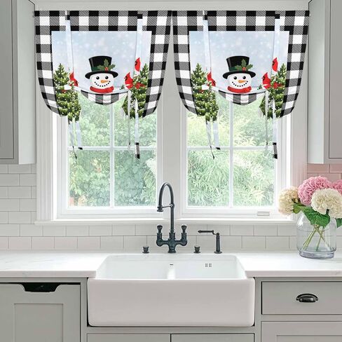 Christmas Snowman Tie Up Curtains for Window, Winter Cardinal Xmas Tree Black Plaid Thermal Insulated Balloon Shade Adjustable Rod Pocket Curtains Valance Panels for Kitchen Bathroom Café 46'' x 63'' in Saudi Arabia
