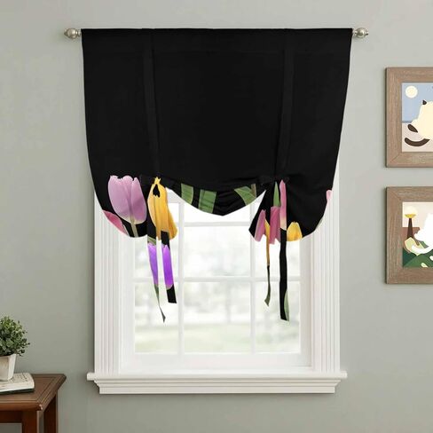 Easter Tulip Tie Up Curtains for Window, Spring Watercolor Country Flower Plant Thermal Insulated Balloon Shade Adjustable Rod Pocket Curtains Valance Panels for Kitchen Bathroom Café 42'' x 45'' in Saudi Arabia