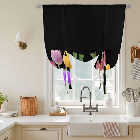 Easter Tulip Tie Up Curtains for Window, Spring Watercolor Country Flower Plant Thermal Insulated Balloon Shade Adjustable Rod Pocket Curtains Valance Panels for Kitchen Bathroom Café 42'' x 45'' in Saudi Arabia