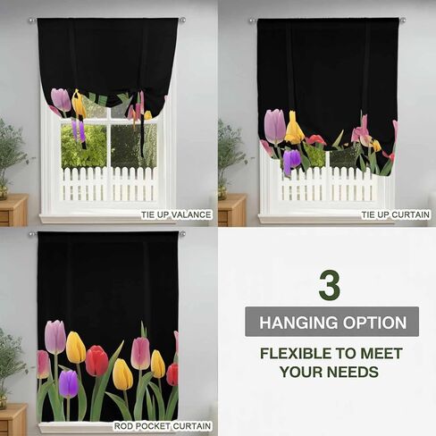 Easter Tulip Tie Up Curtains for Window, Spring Watercolor Country Flower Plant Thermal Insulated Balloon Shade Adjustable Rod Pocket Curtains Valance Panels for Kitchen Bathroom Café 42'' x 45'' in Saudi Arabia