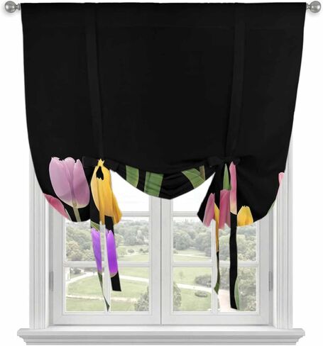 Easter Tulip Tie Up Curtains for Window, Spring Watercolor Country Flower Plant Thermal Insulated Balloon Shade Adjustable Rod Pocket Curtains Valance Panels for Kitchen Bathroom Café 42'' x 45'' in Saudi Arabia