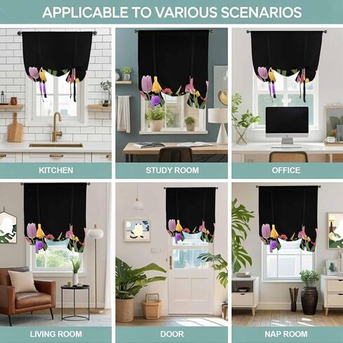Easter Tulip Tie Up Curtains for Window, Spring Watercolor Country Flower Plant Thermal Insulated Balloon Shade Adjustable Rod Pocket Curtains Valance Panels for Kitchen Bathroom Café 42'' x 45'' in Saudi Arabia
