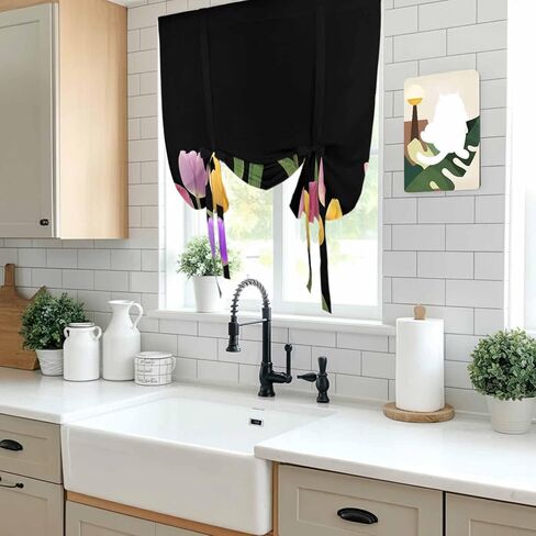 Easter Tulip Tie Up Curtains for Window, Spring Watercolor Country Flower Plant Thermal Insulated Balloon Shade Adjustable Rod Pocket Curtains Valance Panels for Kitchen Bathroom Café 42'' x 45'' in Saudi Arabia