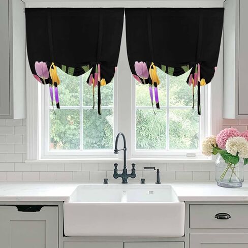 Easter Tulip Tie Up Curtains for Window, Spring Watercolor Country Flower Plant Thermal Insulated Balloon Shade Adjustable Rod Pocket Curtains Valance Panels for Kitchen Bathroom Café 42'' x 45'' in Saudi Arabia