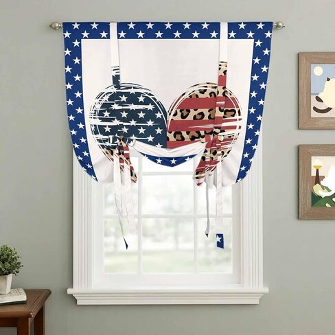 Independence Day Tie Up Curtains for Window, American Flag Star Leopard Print Heart Thermal Insulated Balloon Shade Adjustable Rod Pocket Curtains Valance Panels for Kitchen Bathroom Café 42'' x 54'' in Saudi Arabia