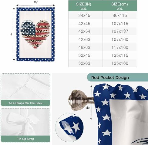 Independence Day Tie Up Curtains for Window, American Flag Star Leopard Print Heart Thermal Insulated Balloon Shade Adjustable Rod Pocket Curtains Valance Panels for Kitchen Bathroom Café 42'' x 54'' in Saudi Arabia